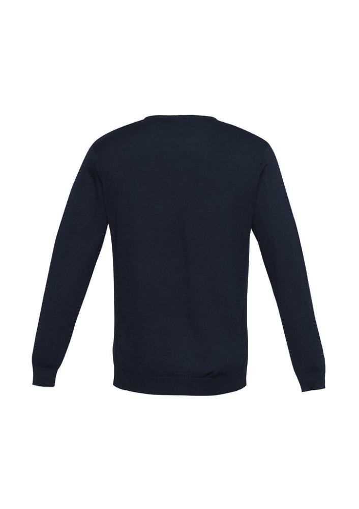 Men's navy Milano Pullover in size 5XL, featuring a V-neck, ribbed panels, and crafted from warm, breathable wool-acrylic blend.