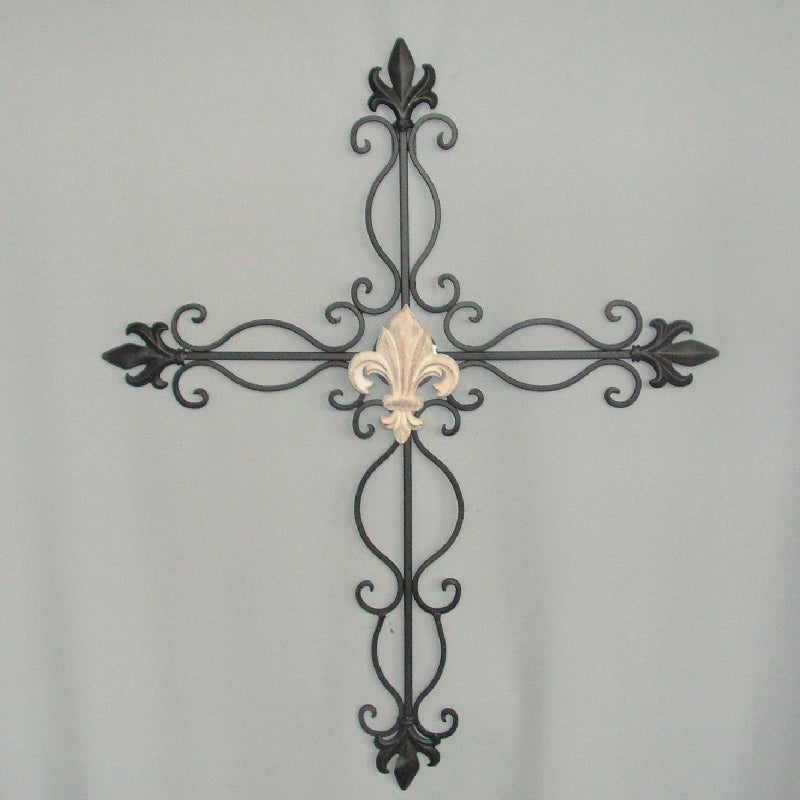 Elegant wall art featuring a bold black cross and cream fleur design, measuring 60cm, perfect for modern home decor.