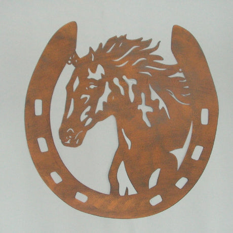 Horse head inside a rustic horseshoe wall art, measuring 53x53cm, perfect for equine enthusiasts and home decor.