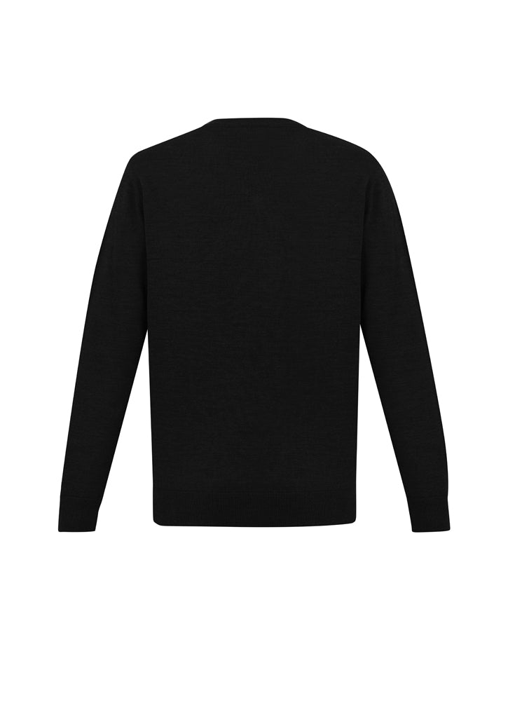 Men's black Roma pullover by Biz Collection, size L, featuring Merino wool blend, V-neck, and ribbed cuffs for comfort and style.