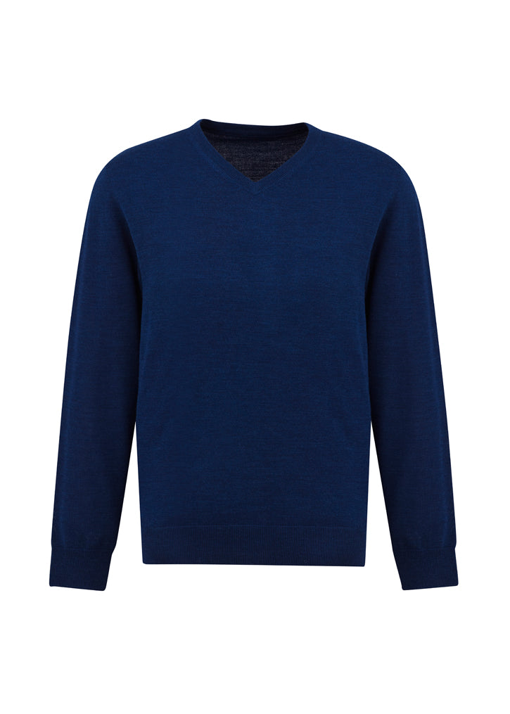 Men's Roma Pullover in French Blue, Size 5XL, featuring a V-neck, ribbed cuffs, and soft Merino Wool blend.