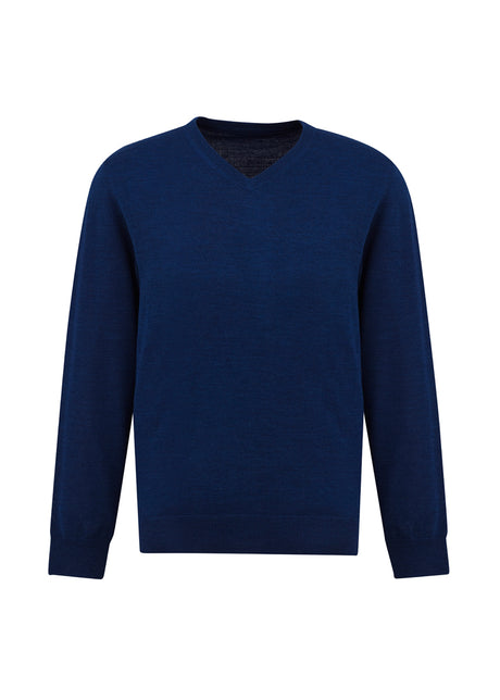 Men's Roma Pullover in French Blue, Size 5XL, featuring a V-neck, ribbed cuffs, and soft Merino Wool blend.