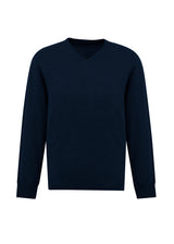 Men's navy Roma pullover in size XL, crafted from a soft Merino wool blend with a classic V-neck and relaxed fit.