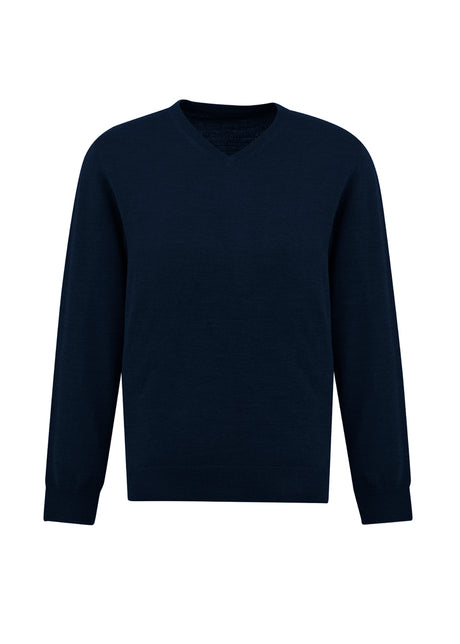 Men's navy Roma pullover in size XL, crafted from a soft Merino wool blend with a classic V-neck and relaxed fit.