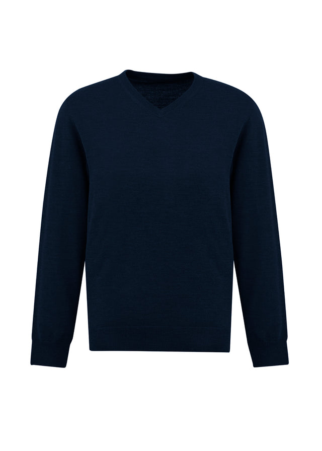 Men's navy Roma pullover in size XL, crafted from a soft Merino wool blend with a classic V-neck and relaxed fit.