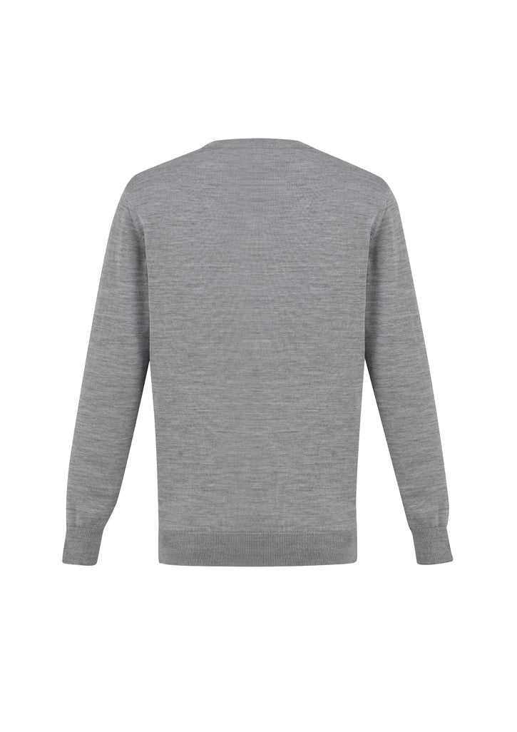 Stylish silver Men's Roma Pullover by Biz Collection, XS size, featuring a V-neck, ribbed cuffs, and soft wool blend fabric.