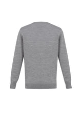 Stylish silver Men's Roma Pullover by Biz Collection, XS size, featuring a V-neck, ribbed cuffs, and soft wool blend fabric.