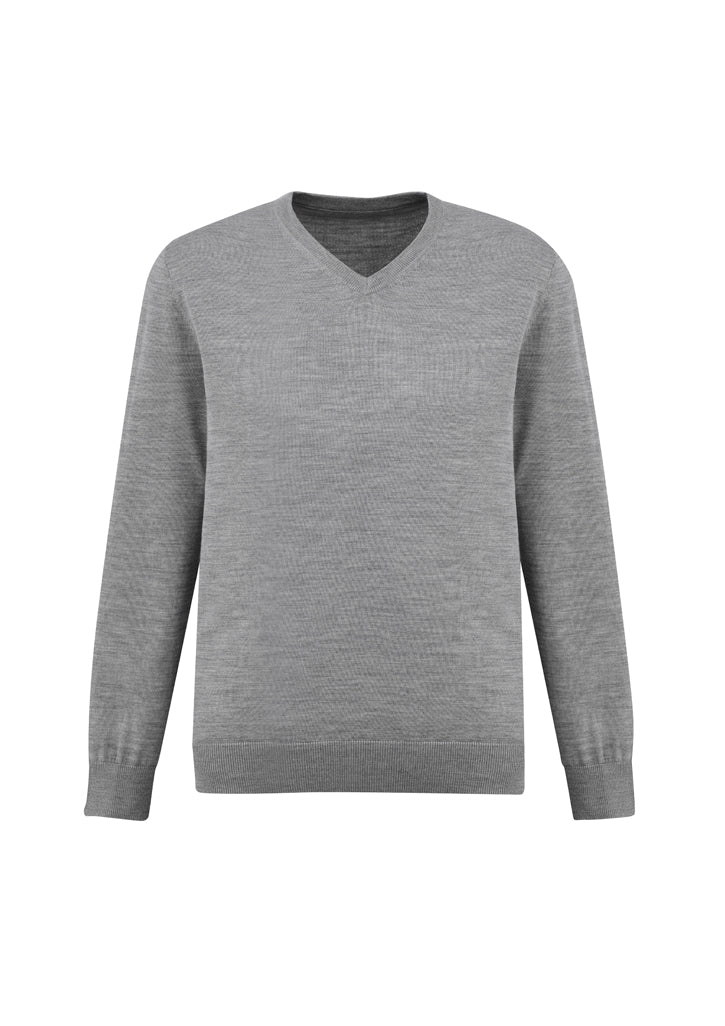 Mens Roma Pullover in Silver, Size 2XL, featuring a classic V-neck, ribbed cuffs, and a soft Merino Wool blend.