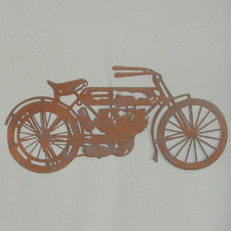 Vintage motorcycle wall art in antique rust finish, 50cm, perfect for bike lovers and rustic home decor.