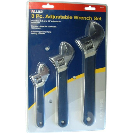 Three-piece adjustable wrench set (150mm, 200mm, 250mm) made from chrome plated high carbon steel for durability and precision.