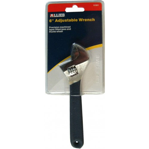 6-inch Adjustable Wrench-Allied #51051 with chrome-plated high carbon steel and precision thumb wheel for versatile use.