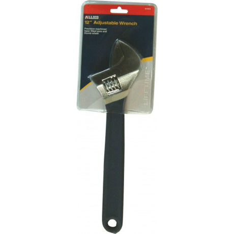 Allied #51054 12" adjustable wrench with chrome finish, ergonomic grip, and precision thumb wheel for versatile use.