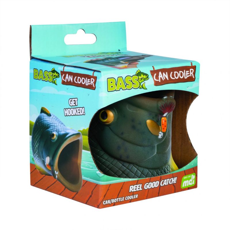 Can cooler with a largemouth bass design, featuring realistic texture and insulating vinyl for keeping drinks cold.