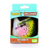 Trout-shaped can cooler featuring realistic colors, perfect for keeping drinks cold during outdoor adventures.