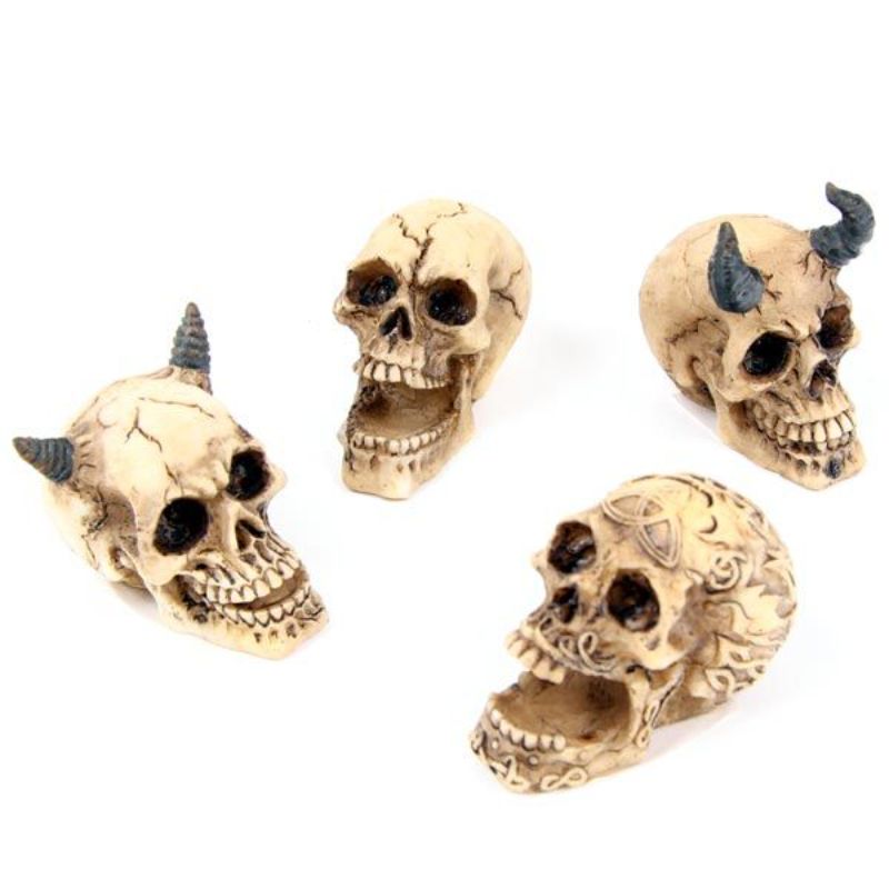 Set of 12 detailed skull figurines, 2-5cm tall, perfect for Halloween decor and unique art displays.