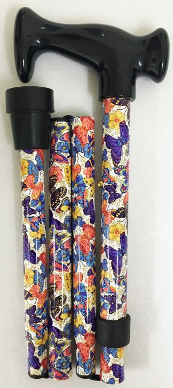 Vibrant butterfly walking stick, adjustable 80-92cm, folds for easy storage, perfect for stylish mobility support.