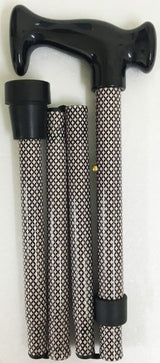 Adjustable diamond-patterned walking stick, 80-92cm height range, folds into 4 sections for easy storage.