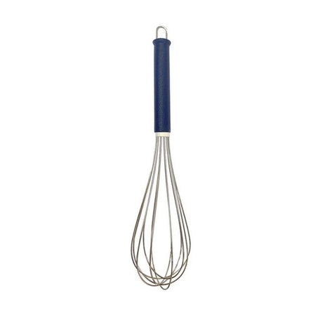 Durable 25cm whisk with a blue PA fiberglass handle and hanging loop, perfect for mixing and whisking.