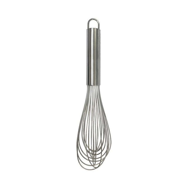 Stainless steel whisk with 24 wires, 25cm long, ergonomic handle, and hanging loop for easy storage and mixing.