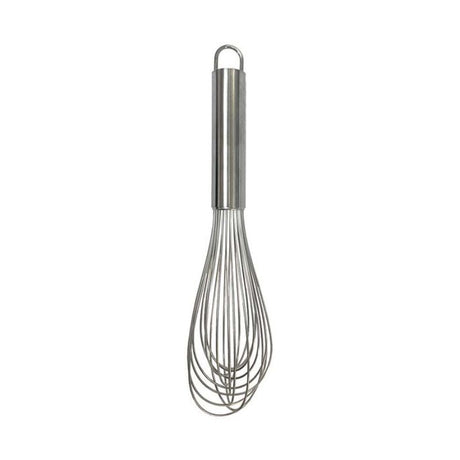 Stainless steel whisk with 24 wires, 30cm long, ergonomic handle, and hanging loop for effortless mixing and whipping.