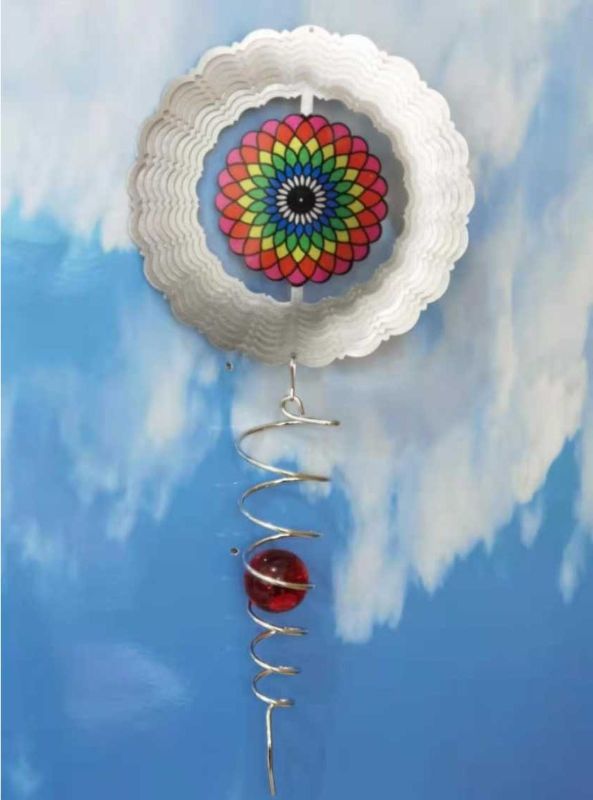 Colorful Rainbow Mandala Wind Spinner, 30-31cm, elegantly twirls in the breeze, enhancing gardens and patios with vibrant beauty.