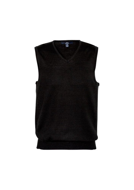 Sleek black Men's Milano Vest, size M, featuring a V-neck and ribbed side panels for a polished, versatile look.