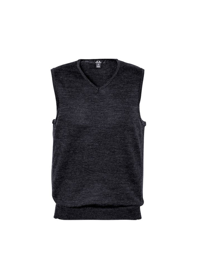Men's charcoal Milano vest in 5XL, featuring V-neck style, ribbed side panels, made of soft wool-acrylic blend.
