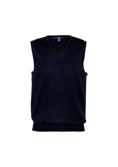 Men's Milano Vest in Navy, Size S, featuring a V-neck style and ribbed side panels for a stylish and comfortable fit.