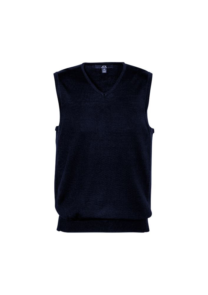 Men's Milano Vest in navy, size XL, featuring V-neck, ribbed side panels, and a soft wool-acrylic blend for style and comfort.