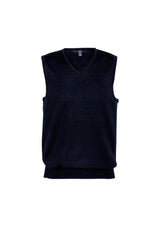 Men's Milano Vest in navy, size XL, featuring V-neck, ribbed side panels, and a soft wool-acrylic blend for style and comfort.