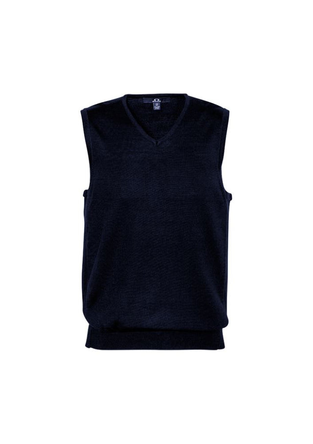Men's Milano Vest in navy, size XL, featuring V-neck, ribbed side panels, and a soft wool-acrylic blend for style and comfort.