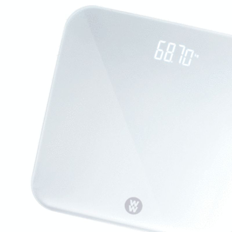 Sleek digital body weight scale with hidden LED display, weighing up to 182kg, crafted from tempered safety glass.