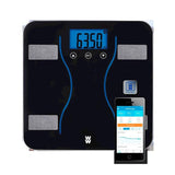 Conair Body Analysis Bluetooth Scale with blue backlit display, measures weight, body fat, and syncs data to the WW app.