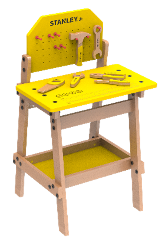 Kids' wooden workbench set with tools including a handsaw, hammer, and more, fostering creativity and skills development.