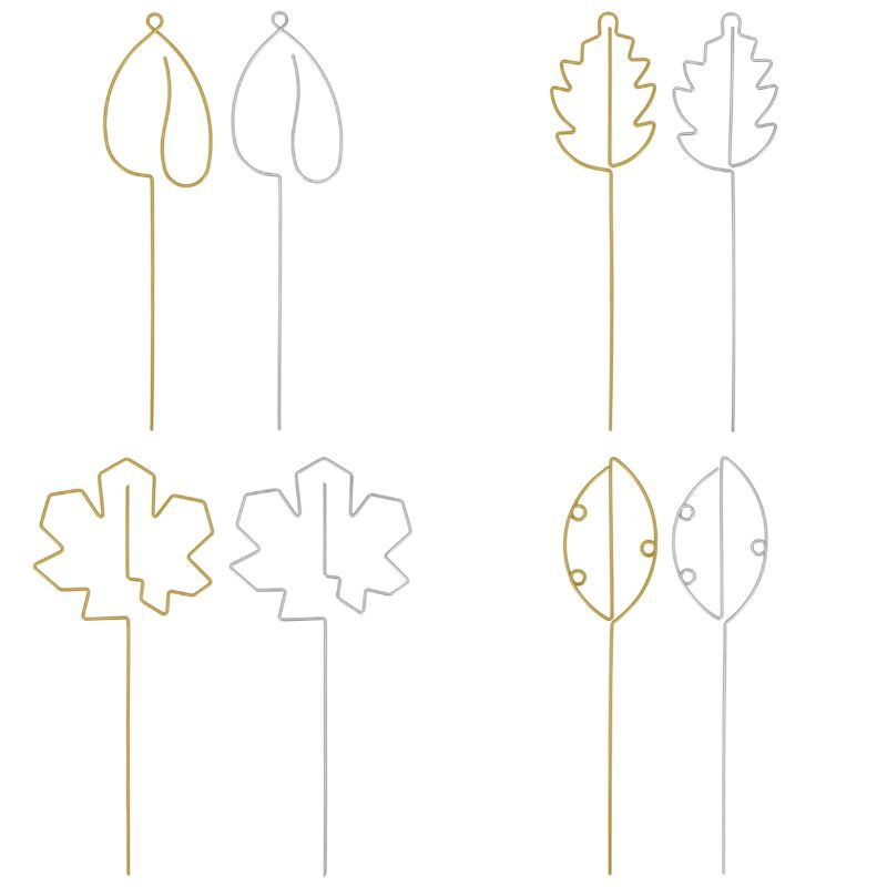 Assorted indoor plant supports with leaf design in gold and silver, perfect for top-heavy plants (37 x 10cm, 8 packs).