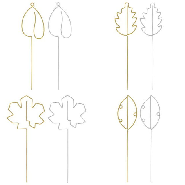 Assorted indoor plant supports with leaf design in gold and silver, perfect for top-heavy plants (37 x 10cm, 8 packs).