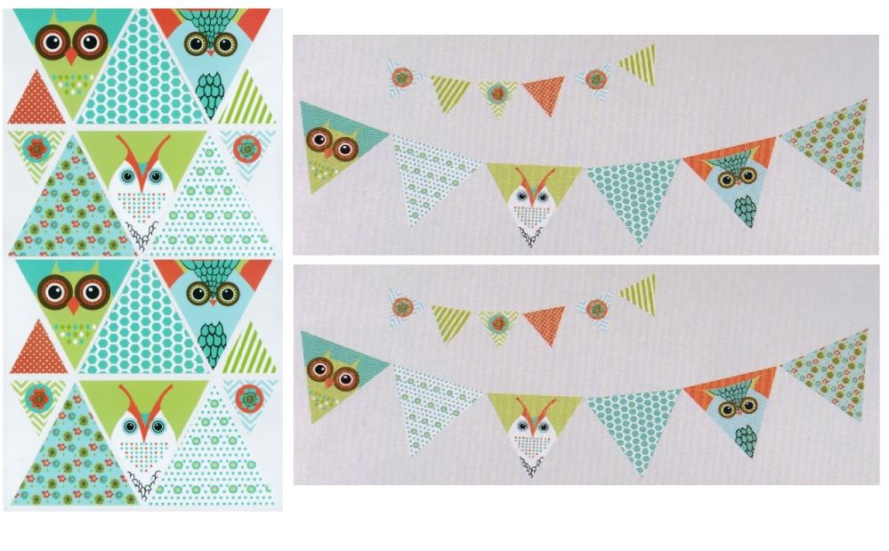 Vibrant owl-themed bunting wall decals in green and orange, ideal for kids' rooms, removable and repositionable for fun decor.