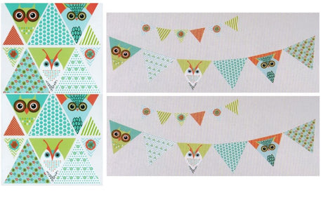 Vibrant owl-themed bunting wall decals in green and orange, ideal for kids' rooms, removable and repositionable for fun decor.
