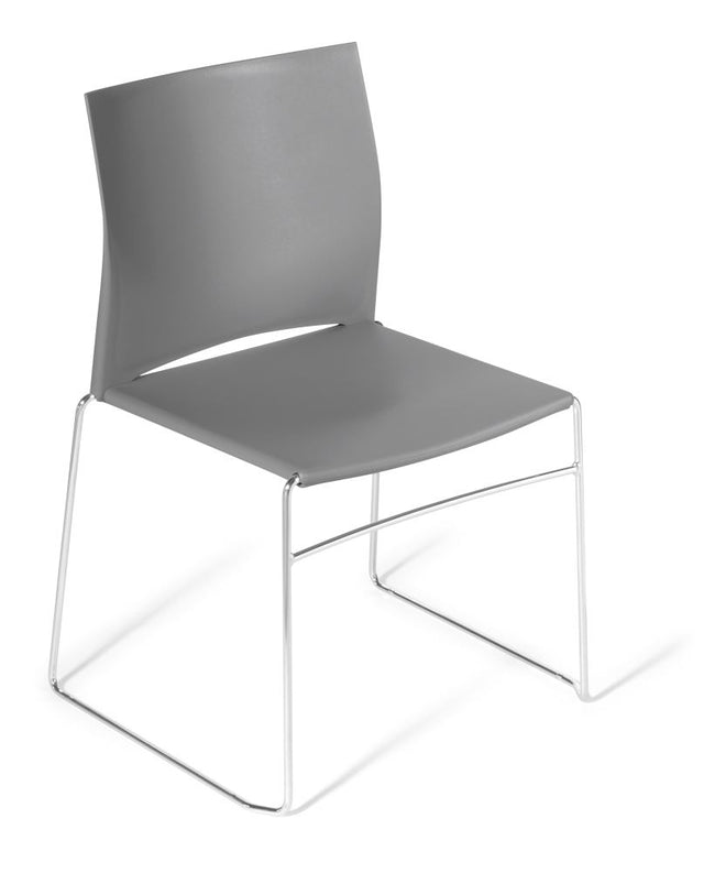 Chrome Frame Chair in Grey featuring a durable chrome frame, stackable design, and easy-clean polypropylene for modern spaces.