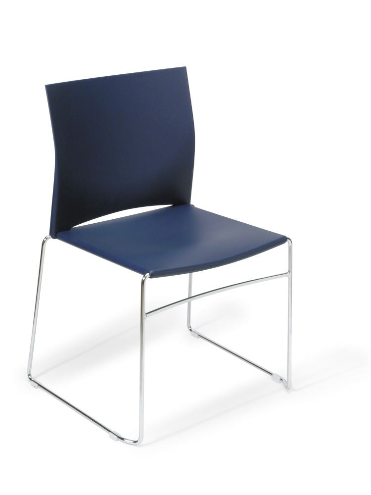 Navy Chrome Frame Chair featuring a sleek web chrome structure, durable seat, stackable design, ideal for modern spaces.