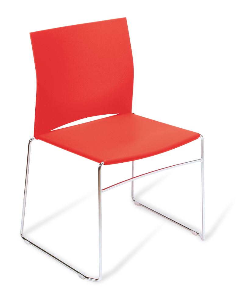 Vibrant red Chrome Frame Chair with durable polypropylene seat and chrome sled frame, stackable and ergonomic for versatile seating.