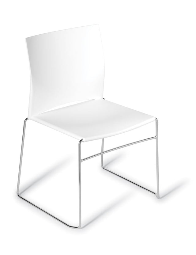 Modern white Chrome Frame Chair featuring a durable design, ergonomic comfort, and stackable feature for versatile spaces.