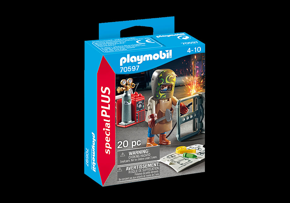 Playmobil Welder set featuring a detailed welder figure with tools, encouraging imaginative play and engineering skills.