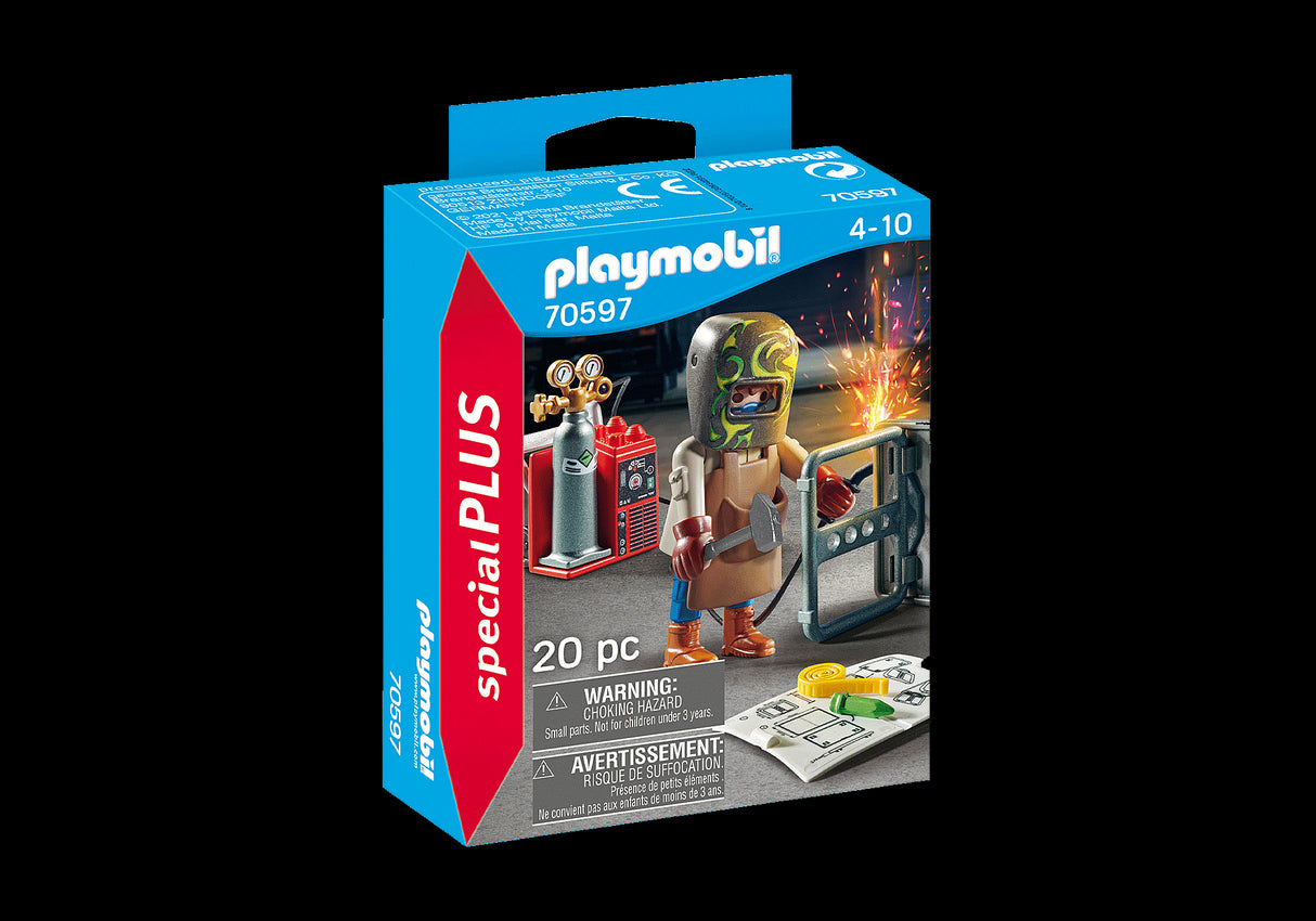 Playmobil Welder set featuring a detailed welder figure with tools, promoting imaginative play and construction skills for kids.