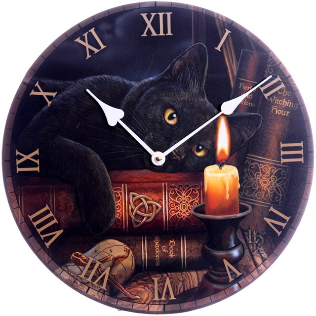 Enchanted wall clock featuring mystical artwork by Lisa Parker, crafted from wood and ready to hang, 30cm diameter.