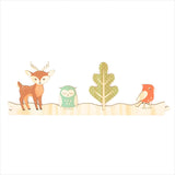 Nature-themed wall art featuring jigsaw strips of trees and a deer, crafted from eco-friendly pine veneer.