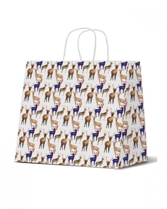 Large white paper bags with festive reindeer design, perfect for retail, gifting, and holiday packaging. 1000 units.