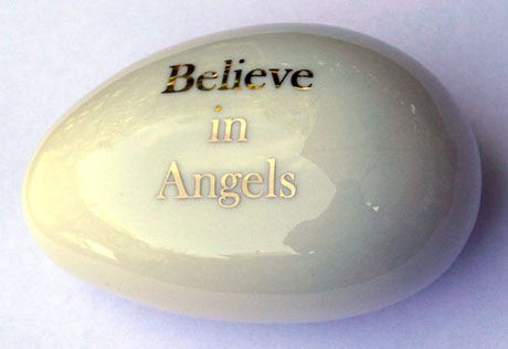 Believe in Angels 8cm Stone, a hand-sized sentiment stone radiating positivity, featuring intricate angelic designs for inspiration.