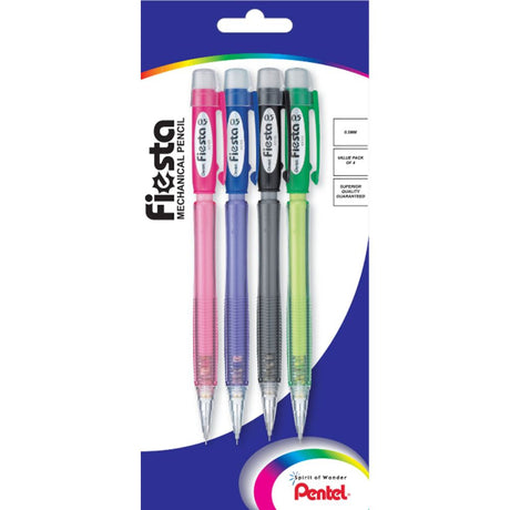 Pentel Fiesta Auto Pencil 0.5mm pack in assorted colors with comfort grips, built-in eraser, and fine detail lead.