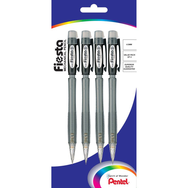 Pentel Fiesta Auto Pencil pack of 4, featuring 0.5mm lead, ridged grips, built-in eraser, and PVC-free design.